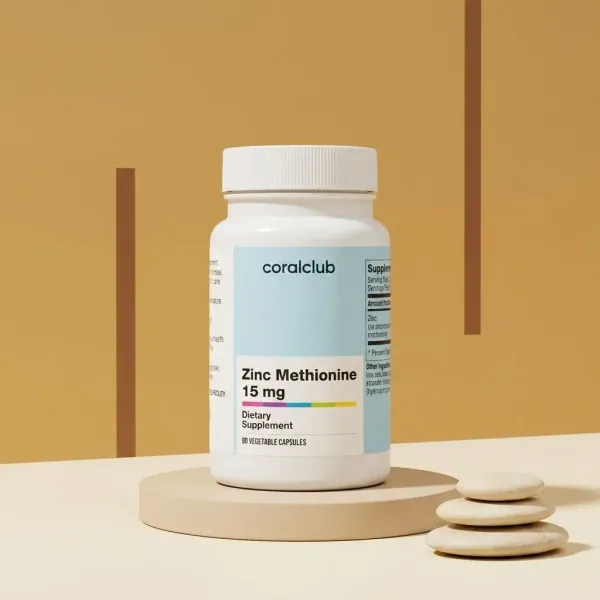 Zinc Methionine 15 mg dietary supplement packshot with white bottle and minimalist background.