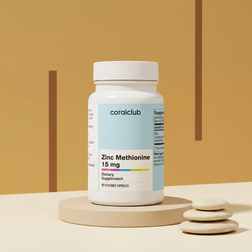 Zinc Methionine 15 mg dietary supplement packshot with white bottle and minimalist background.